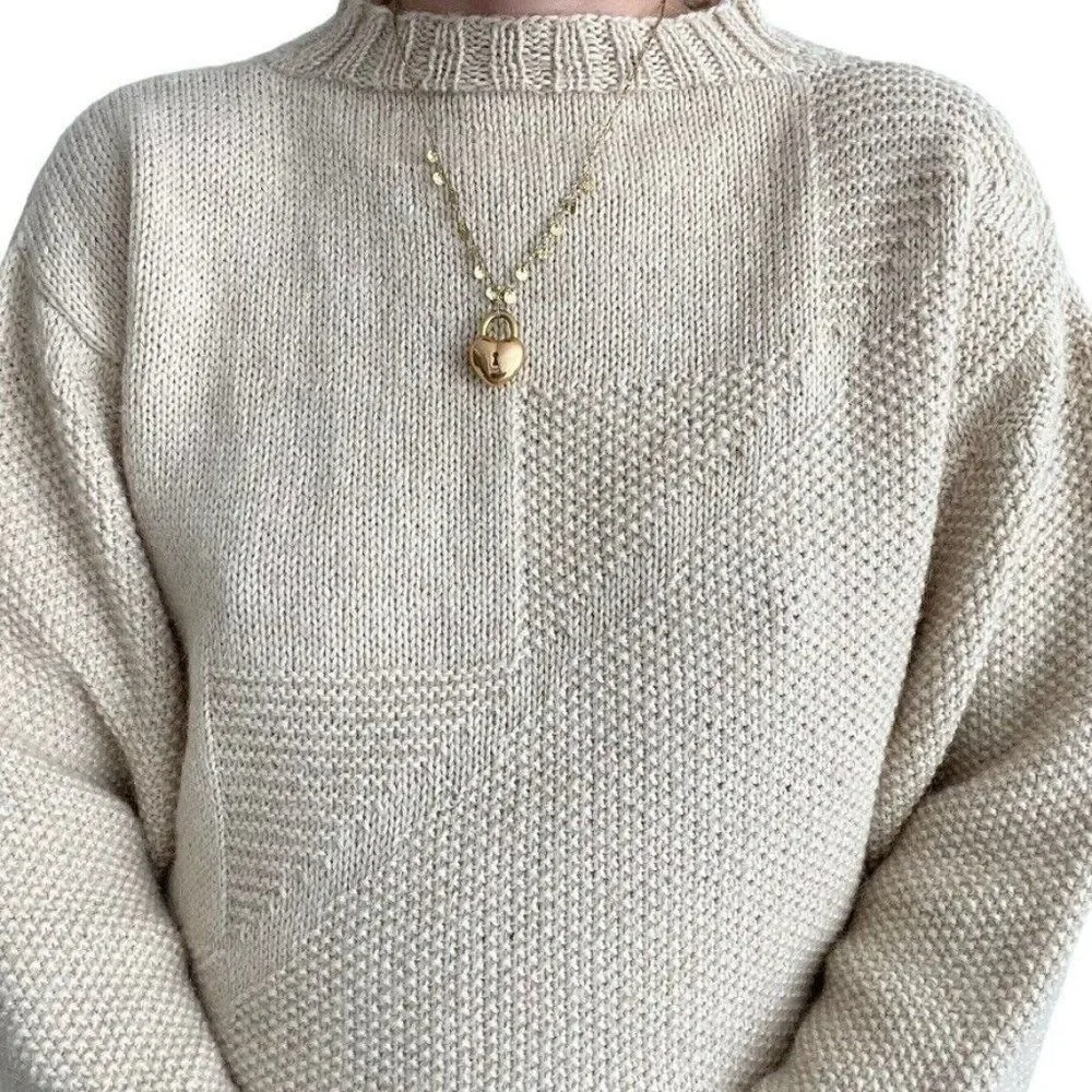 Vintage Womens Hand Knit Tan Beige Alpaca Oversized Soft Sweater Sz XL - Picture 2 of 8